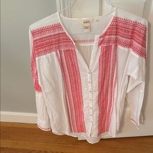 Sundance White and Pink Relaxed Blouse with Mandarin Collar